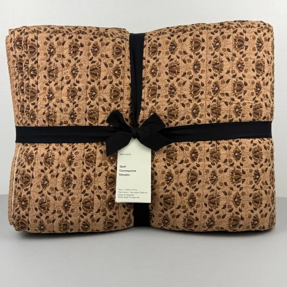 West Elm Gemma Reversible Print Quilt KING/CAL KING Brown Floral New Boho
